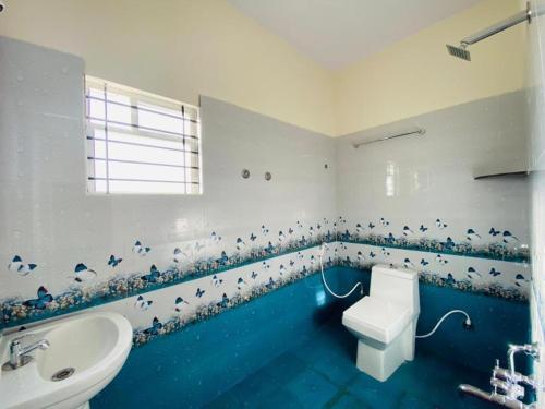 łazienka z toaletą, umywalką i ptakami na ścianie w obiekcie MISTY COORG GREENS w mieście Madikeri