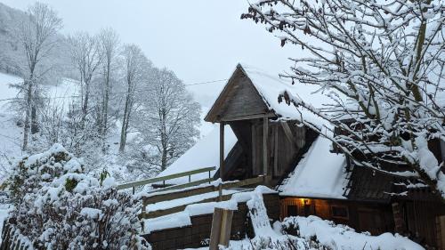 a cabin covered in snow with a light on it at Ferienwohnung im Historischen Schwarzwaldhaus in Wieden