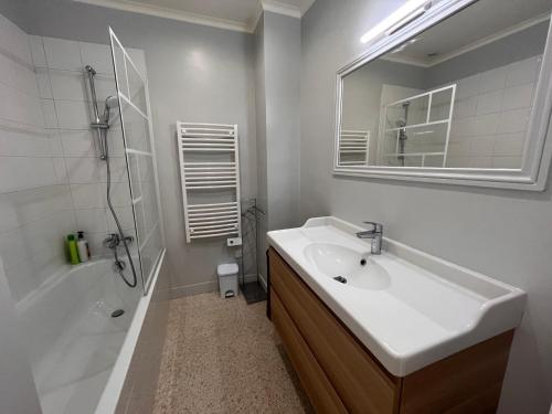 a bathroom with a sink and a mirror and a tub at Appartement neuf, au calme, proche métro in Boulogne-Billancourt