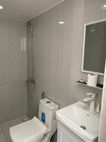 La salle de bains est pourvue de toilettes blanches et d'un lavabo. dans l'établissement Black Sand Camp, à Muntarib
