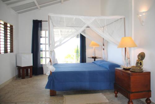 sypialnia z niebieskim łóżkiem z baldachimem w obiekcie camera matrimoniale grande terrazza vista stupenda na Nosy Be