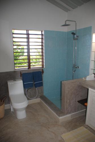 a bathroom with a shower and a toilet and a tub at camera matrimoniale grande terrazza vista stupenda in Nosy Be