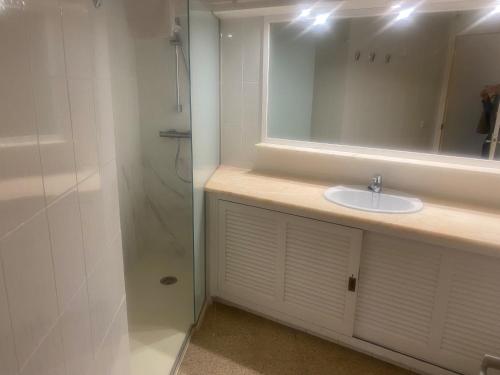 La salle de bains est pourvue d'un lavabo et d'une douche avec un miroir. dans l'établissement Macrina, à Tamariu