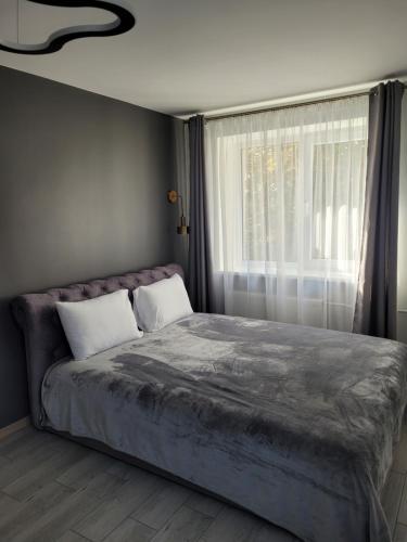 a bedroom with a large bed with a window at Maironio apartamentai in Radviliškis