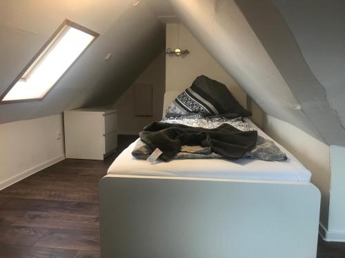 a room with a bed in a attic with a window at Mimalou Apartment in Meerane in Meerane