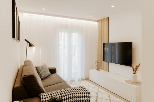 ein Wohnzimmer mit einem Sofa und einem Flachbild-TV in der Unterkunft Apartamento Plaza Logroño in Logroño