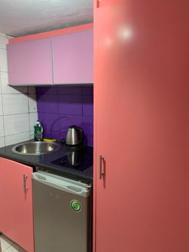 um frigorífico vermelho numa cozinha com um lavatório em Alexander Luxury House em Atenas