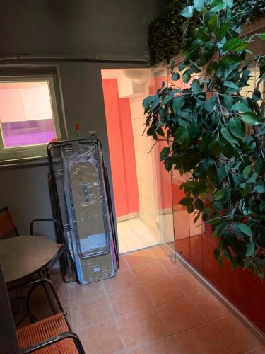 an empty room with a glass door and a table and a plant at Alexander Luxury House in Athens