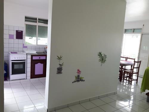 a kitchen with potted plants on the wall at Appartements: plage & commerces à 200m in Sainte-Anne