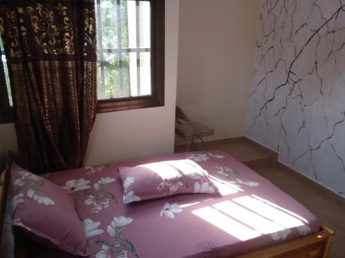 ein Schlafzimmer mit einem lila Bett und einem Fenster in der Unterkunft Hotel TK d'Or 