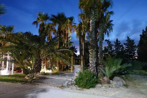 a group of palm trees in front of a house at Giardini Sausari Residence in Punta Prosciutto