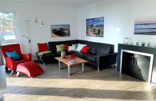 Una sala de estar con un sofá y una chimenea. en Appartement Haffperle-Oase am Haff, en Garz