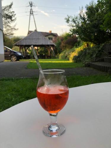 une boisson dans un verre assis sur une table dans l'établissement BUKOLIKA, à Rajcza