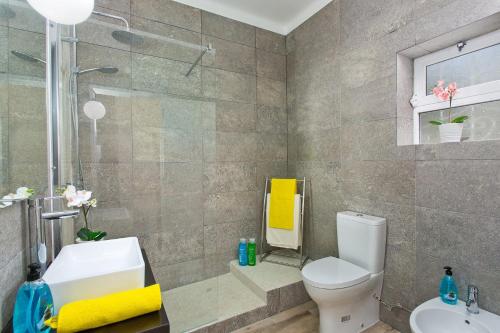a bathroom with a toilet and a sink and a shower at Villa Machado by Villa Plus in Lagoa
