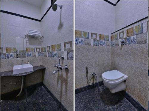 two pictures of a bathroom with a toilet and a sink at HOTEL SUNIL INN in Raipur