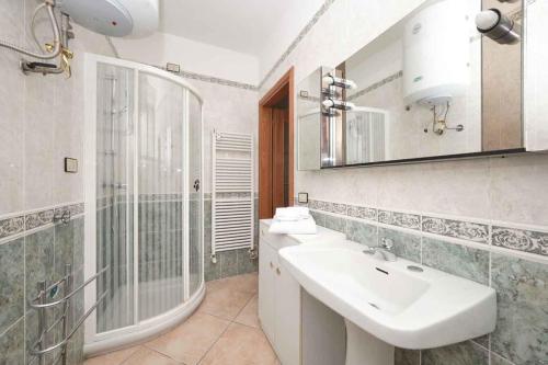 La salle de bains est pourvue d'un lavabo, d'une douche et d'un miroir. dans l'établissement Floriana Apartment, à Desenzano del Garda