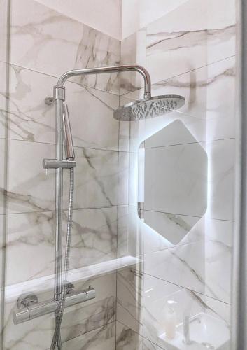 a bathroom with a shower with white marble at Olivrea Design Palazzo in Ivrea