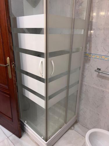a shower with a glass door in a bathroom at Alojamientos María 1 in Seville