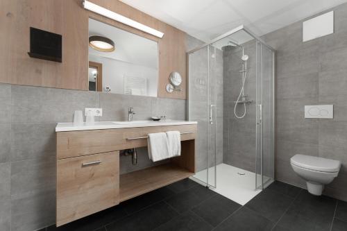 a bathroom with a shower and a sink and a toilet at A Casa Elements in Serfaus