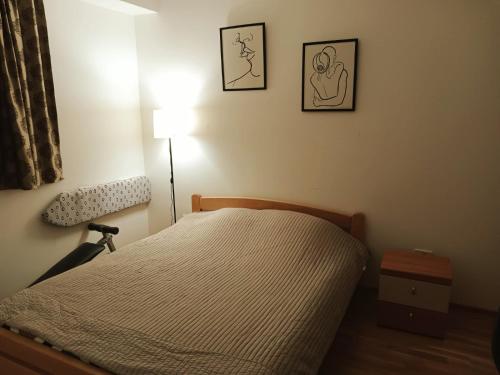 een slaapkamer met een bed en twee foto's aan de muur bij King-size bed, Free parking, kitchenette, wifi apartments in Skopje