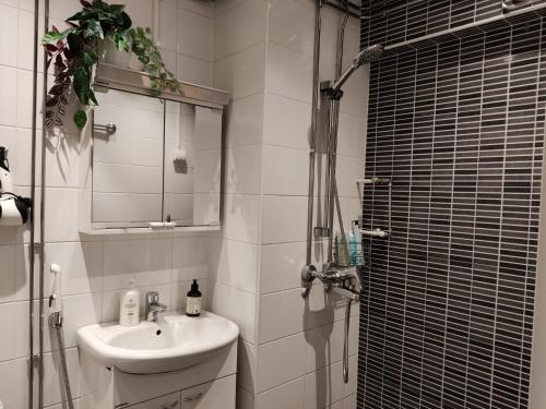 a bathroom with a sink and a shower with a mirror at Main Street magic apartment in Rovaniemi