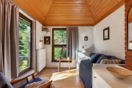 ein Wohnzimmer mit einem blauen Sofa und Holzdecken in der Unterkunft Cabin by the river with Sauna in Polhov Gradec