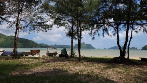 a campsite with a view of the water and trees at Woodstock Beach Camp in Cat Ba
