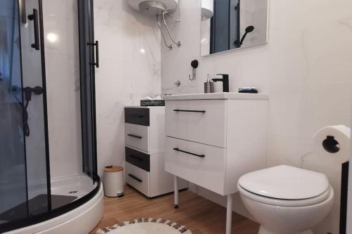 een witte badkamer met toilet en douche bij Apartman Liburna in Rijeka
