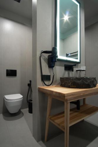 a bathroom with a sink and a mirror and a toilet at SAVOIE Apartments Bukovel in Bukovel