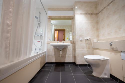 een badkamer met een toilet, een wastafel en een douche bij Bridge Inn in Clevedon