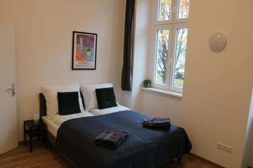 a bedroom with a bed and a window at Riverside Apartments in Linz
