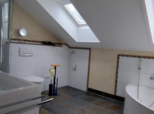 a bathroom with a toilet and a sink and a skylight at Ferienwohnung BergTime in Weißenbach bei Liezen