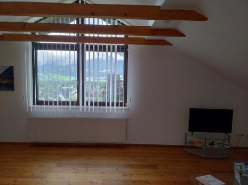 an empty room with a large window and a television at Ferienwohnung BergTime in Weißenbach bei Liezen