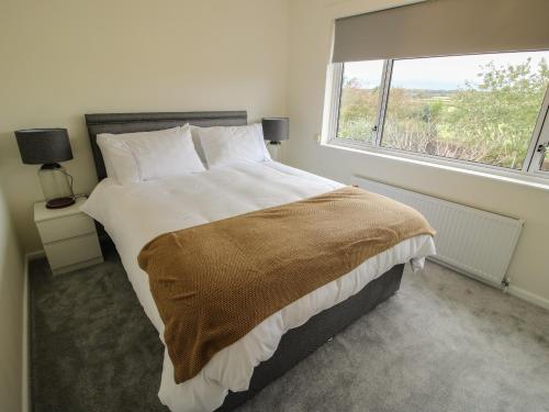 a bedroom with a large bed with a large window at Field View in Newport