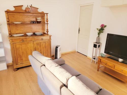 a living room with a white couch and a tv at Maison de charme pour 4 personnes au calme in Villeneuve-sur-Bellot