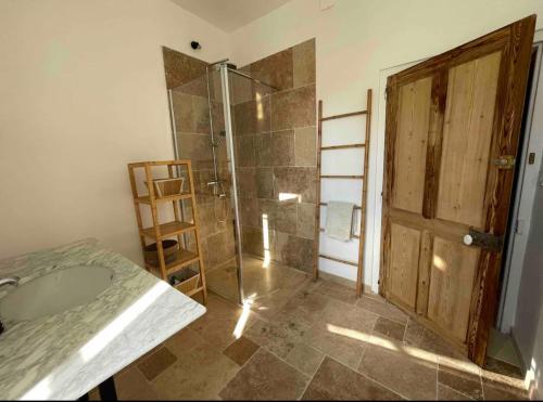 een badkamer met een douche, een wastafel en een glazen deur bij Le Petit Palais de Chaillot 8 places 4 chambres spacieuses in Colonzelle