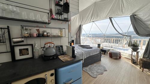 - une chambre avec un lit et une grande fenêtre dans l'établissement Dorna Iglu Luxury Glamping Resort, à Dorna Cîndrenilor