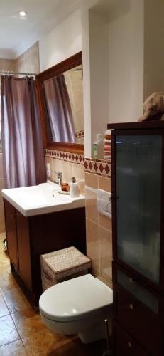 a bathroom with a toilet and a sink and a mirror at Tina`s home in Gütersloh