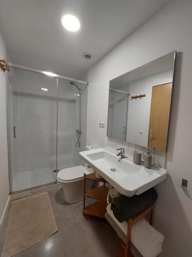 y baño con lavabo, ducha y aseo. en Sara's apartment Barcelona, en El Prat de Llobregat