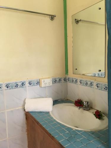 a bathroom with a tub with a mirror and a sink at Waya Lailai Eco Haven in Wayasewa Island