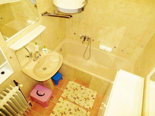 バラトンサールソーにあるSziszi nyaralóházのバスルーム(洗面台、トイレ、バスタブ付)