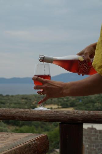una persona sosteniendo una copa de vino sobre una barandilla en Assos Ada Hotel, en Ayvacık