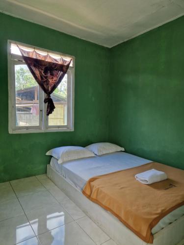 ein grünes Schlafzimmer mit einem Bett und einem Fenster in der Unterkunft Legend guest house in Kelimutu