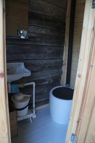 a bathroom with a toilet and a sink at Valonranta Cottage in Kalmari