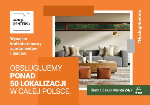 een flyer van een woonkamer met een bank en een tafel bij Studio Bielany with Home Office near Metro Station by Renters in Warschau