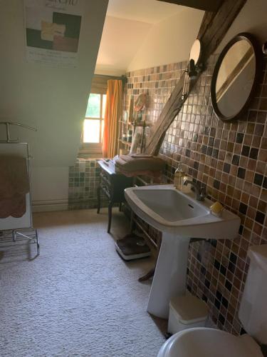 une salle de bain avec un lavabo et un miroir dans l'établissement ENOLAND La maison du bonheur, à Bourdonné