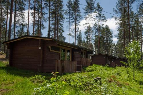 una cabaña en el bosque con árboles en el fondo en Ahvenlampi Camping Hostel, en Saarijärvi