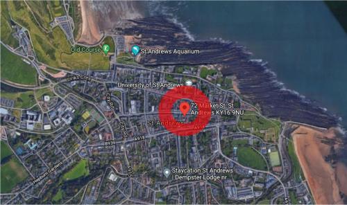 a map with a red circle in the middle at Skye Sands - The Eden Residence in St. Andrews