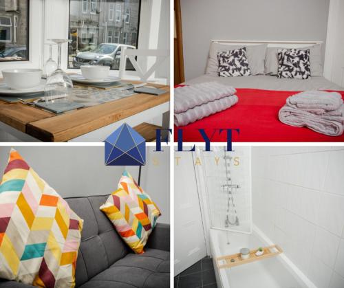 un collage de cuatro fotos de una habitación con cama en Bonhill Getaway en Dumbarton