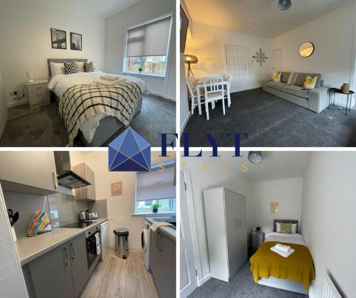 two pictures of a bedroom with a bed and a kitchen at Cardonald House in Glasgow